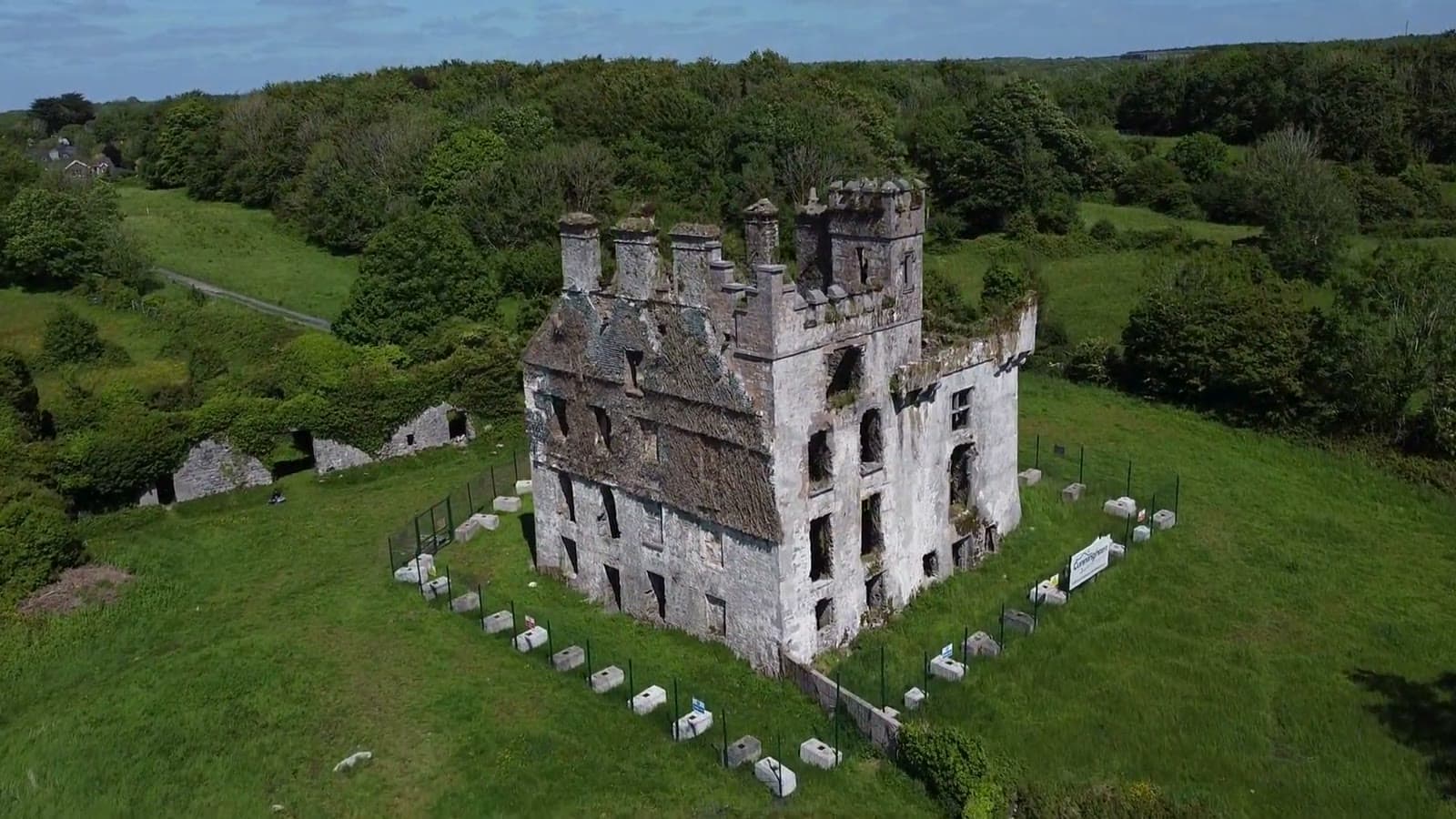 A ruined castle in open British countryside